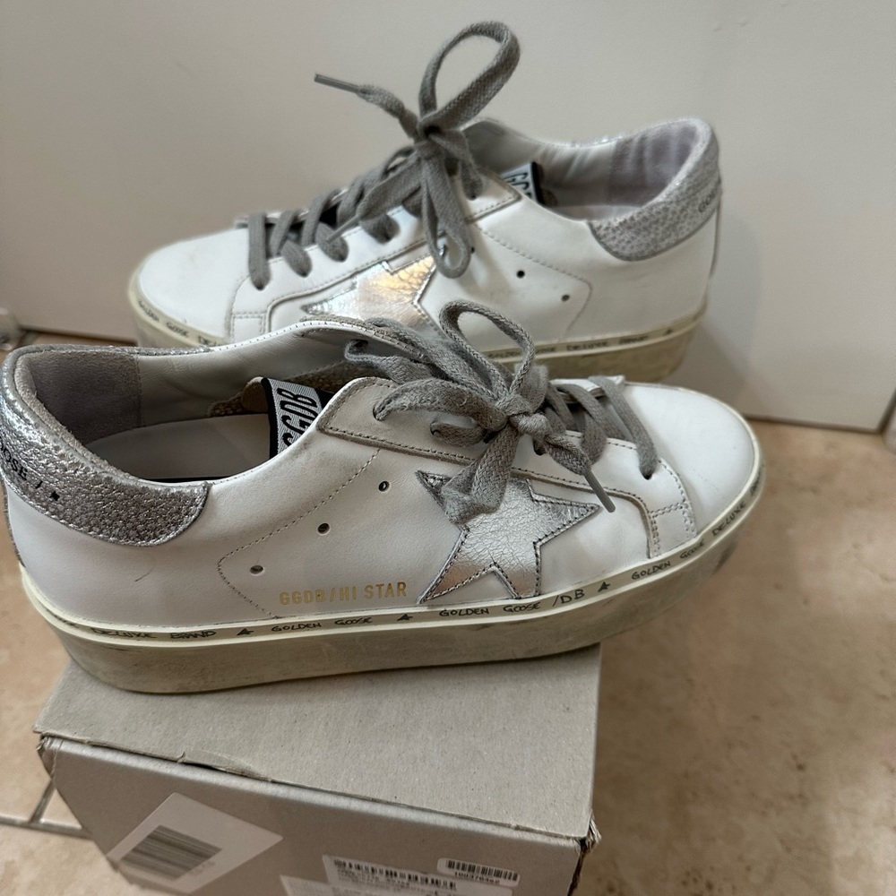 Golden Goose White and Silver Superstar Sneakers